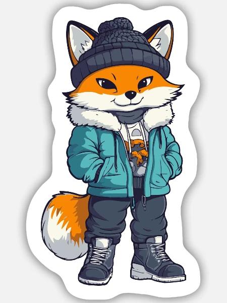 Fuchs mit Winterjacke und Mütze - Sticker Größe M (15 x 15 cm) - Mattweiß