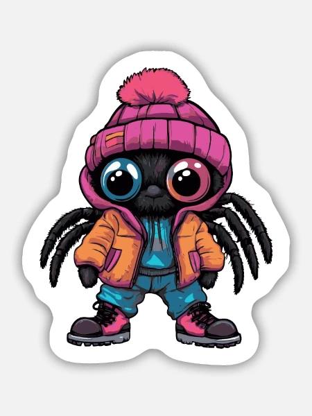 Spinne mit Winterjacke und pinker Mütze - Sticker Größe M (15 x 15 cm) - Mattweiß