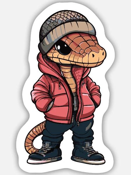 Schlange mit Winterjacke und Mütze - Sticker Größe M (15 x 15 cm) - Mattweiß
