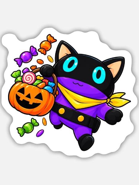 Halloween-Katze mit JackoLantern-Korb - Sticker Größe M (15 x 15 cm) - Mattweiß