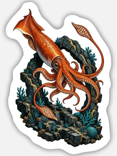 Riesenkalmar am versunkenen Basalttor - Sticker Größe M (15 x 15 cm) - Mattweiß