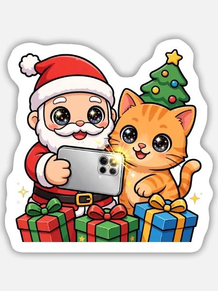 Weihnachts-Selfie: Weihnachtsmann und Katze - Sticker Größe M (15 x 15 cm) - Mattweiß