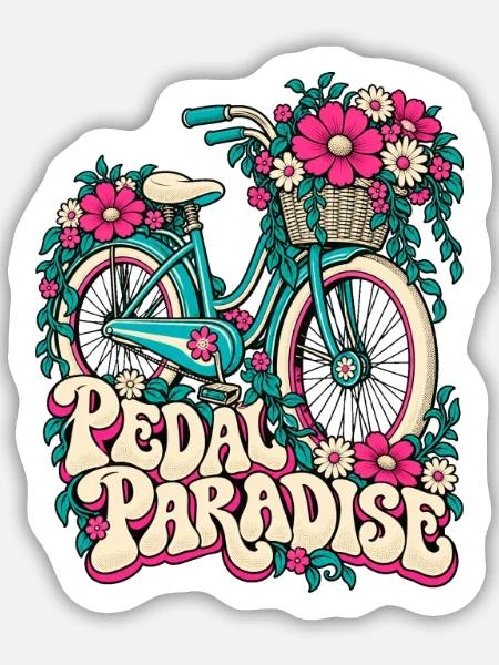 Pedal Paradise Blumenrad Illustration - Sticker Größe M (15 x 15 cm) - Mattweiß
