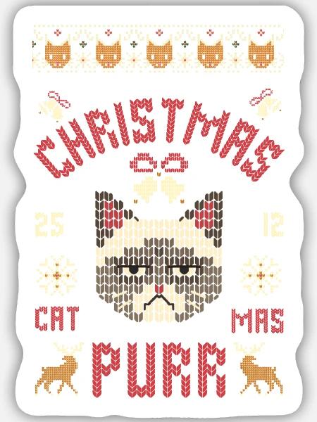 Ugly Christmas Katze - Sticker Größe M (15 x 15 cm) - Mattweiß