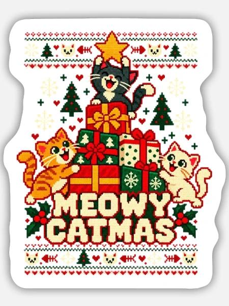 Weihnachten Katzen Meowy Catmas - Sticker Größe M (15 x 15 cm) - Mattweiß