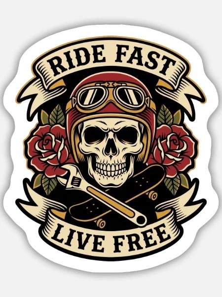 Ride Fast Live Free – Biker Badge - Sticker Größe M (15 x 15 cm) - Mattweiß