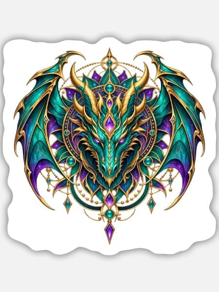 Drachenwappen – Türkiser Drache mit Edelsteinen - Sticker Größe M (15 x 15 cm) - Mattweiß