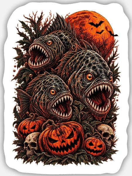 halloween-piranha-horror-monster-tshirt-pumpkin - Sticker Größe M (15 x 15 cm) - Mattweiß
