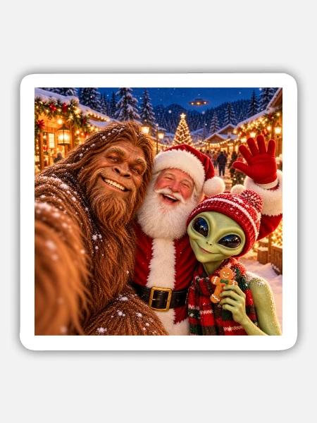 Bigfoot Alien Weihnachtsselfie - Sticker Größe M (15 x 15 cm) - Mattweiß