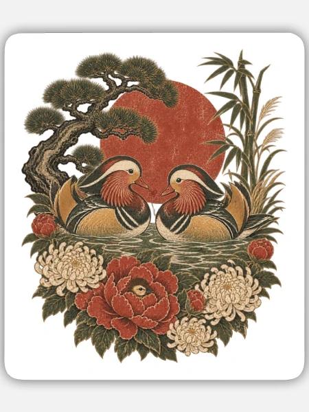 Japanische Mandarinenten & Chrysantheme - Sticker Größe M (15 x 15 cm) - Mattweiß