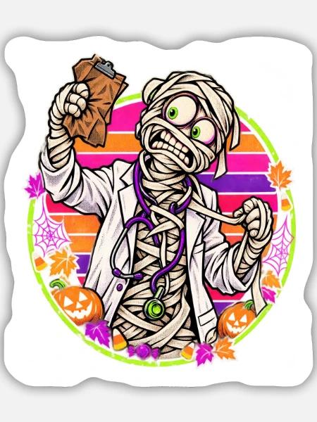 Halloween-Arztmumie vor Retro-Sonne - Sticker Größe M (15 x 15 cm) - Mattweiß