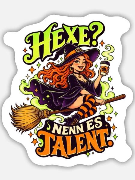 Hexe Talent: Kaffeewitch auf Besen - Sticker Größe M (15 x 15 cm) - Mattweiß