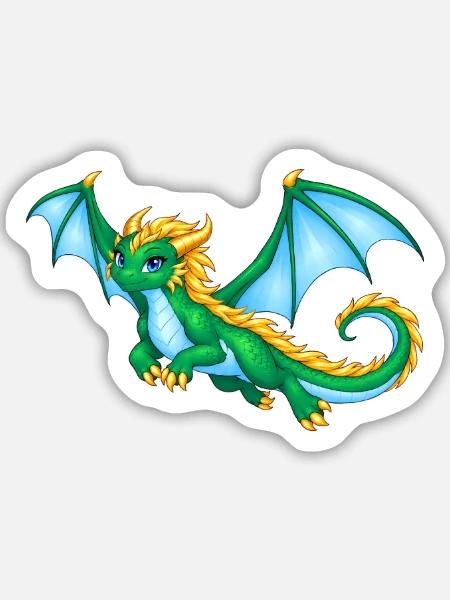 Smaragdgrüne Drachendame mit goldener Mähne - Sticker Größe M (15 x 15 cm) - Mattweiß