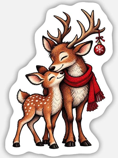 Weihnachts-Rentier-Paar mit rotem Schal - Sticker Größe M (15 x 15 cm) - Mattweiß