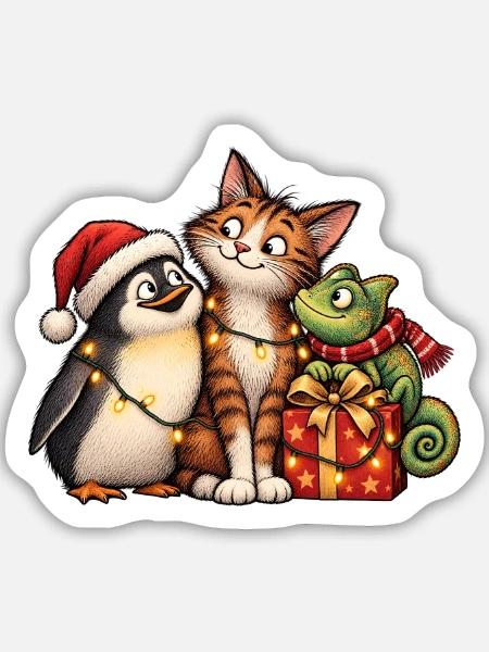 Weihnachts-Pinguin-Katze und Chamäleon-Freunde - Sticker Größe M (15 x 15 cm) - Mattweiß