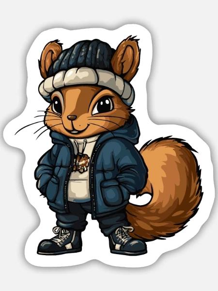 Eichhörnchen mit Winterjacke und Mütze - Sticker Größe M (15 x 15 cm) - Mattweiß