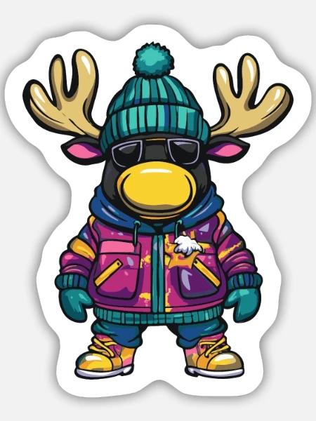 Elch mit Winterjacke und Sonnenbrille - Sticker Größe M (15 x 15 cm) - Mattweiß