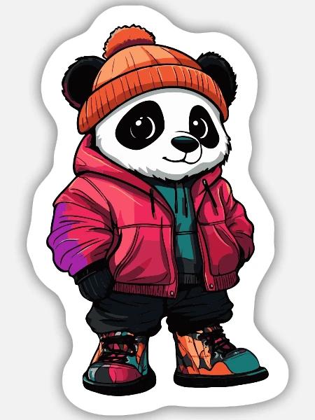 Panda mit Winterjacke und Mütze - Sticker Größe M (15 x 15 cm) - Mattweiß