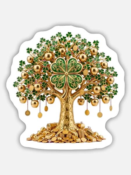 Goldener Kleeblattbaum - Sticker Größe M (15 x 15 cm) - Mattweiß