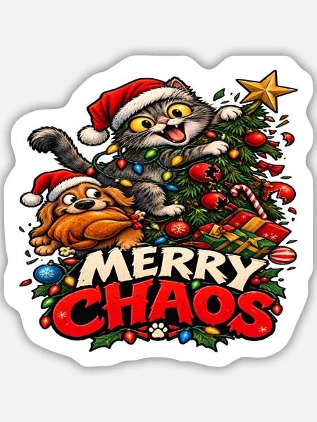 Weihnachtschaos – Katze und Hund - Sticker Größe M (15 x 15 cm) - Mattweiß