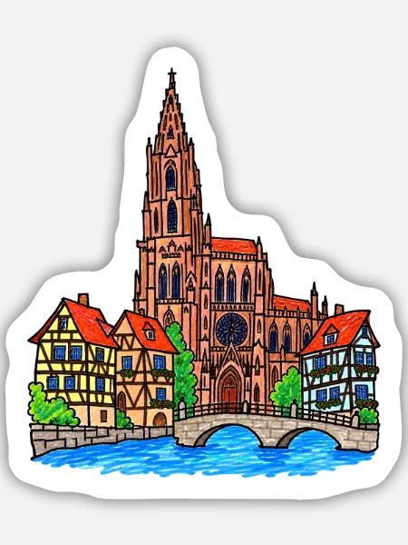 Straßburg Skyline im Wachsmalstil - Sticker Größe M (15 x 15 cm) - Mattweiß