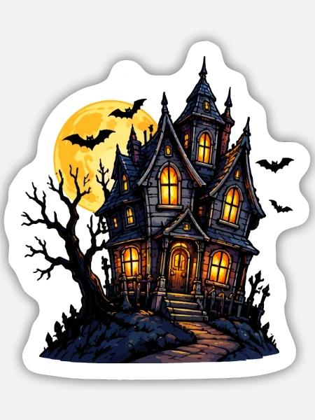 Spukhaus unter Vollmond - Sticker Größe M (15 x 15 cm) - Mattweiß