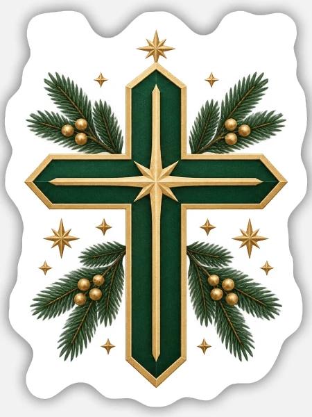 Weihnachtskreuz mit Goldrand und Tannengrün - Sticker Größe M (15 x 15 cm) - Mattweiß