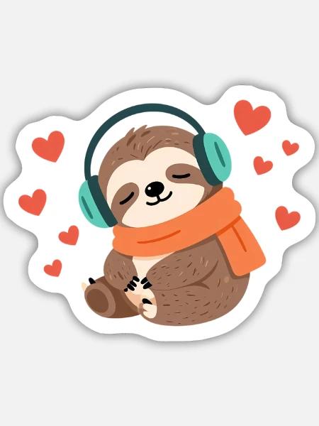 Kuschel-Sloth mit Kopfhörer - Sticker Größe M (15 x 15 cm) - Mattweiß