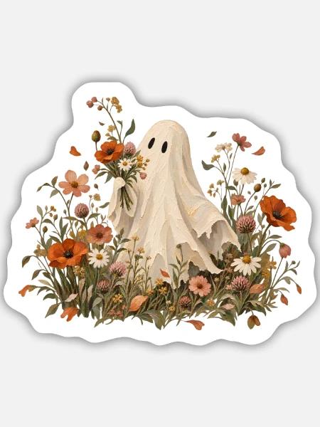 Halloween Geist im Blumenbeet - Sticker Größe M (15 x 15 cm) - Mattweiß