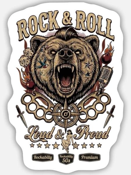 Rock & Roll Bär – Laut & Stolz - Sticker Größe M (15 x 15 cm) - Mattweiß