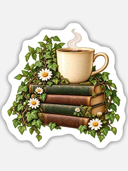 Bücherduft und Kaffeetasse - Sticker Größe M (15 x 15 cm) - Mattweiß