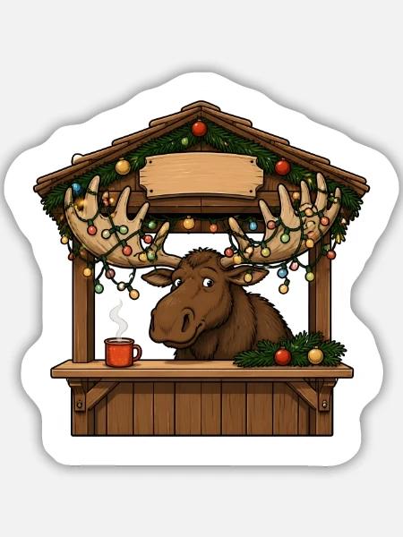 Elch Weihnachtsmarkt Lichterkette Comic T-Shirt - Sticker Größe M (15 x 15 cm) - Mattweiß