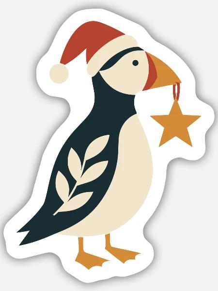 Weihnachtspuffin mit Weihnachtsstern - Sticker Größe M (15 x 15 cm) - Mattweiß
