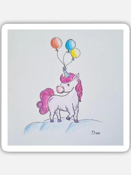 Pastell-Einhorn mit Ballons - Sticker Größe M (15 x 15 cm) - Mattweiß