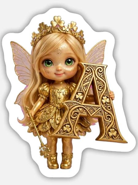 Goldene Fee mit verzierter A - Sticker Größe M (15 x 15 cm) - Mattweiß