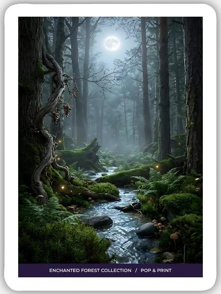 Mondnacht verzauberter Wald - Sticker Größe M (15 x 15 cm) - Mattweiß