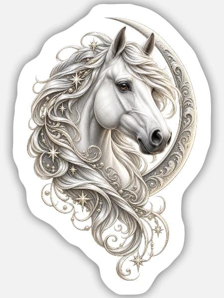 Himmlisches Weißpferd – Halbmond und Stern - Sticker Größe M (15 x 15 cm) - Mattweiß