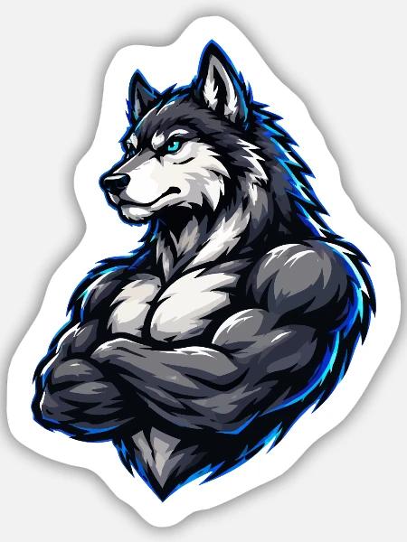 Wolf Comic Muskeln - Sticker Größe M (15 x 15 cm) - Mattweiß