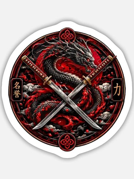 Drache und Kreuzschwerter Emblem - Sticker Größe M (15 x 15 cm) - Mattweiß