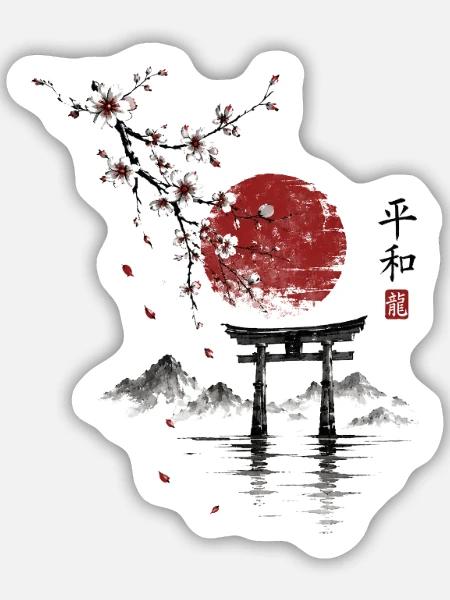 Sakura Torii am roten Mond - Sticker Größe M (15 x 15 cm) - Mattweiß