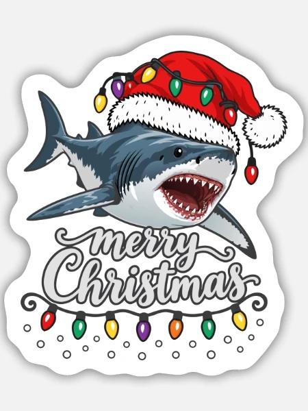 Weihnachtshai mit Lichterkette Hai - Sticker Größe M (15 x 15 cm) - Mattweiß
