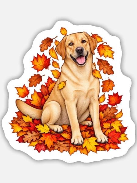 Gelber Labrador im Blätterrausch - Sticker Größe M (15 x 15 cm) - Mattweiß