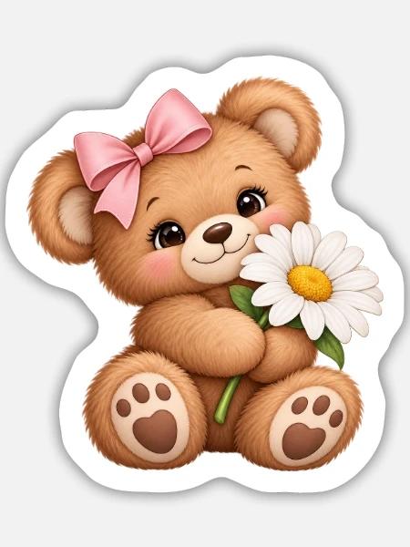 Süßer Teddybär mit Gänseblümchen - Sticker Größe M (15 x 15 cm) - Mattweiß