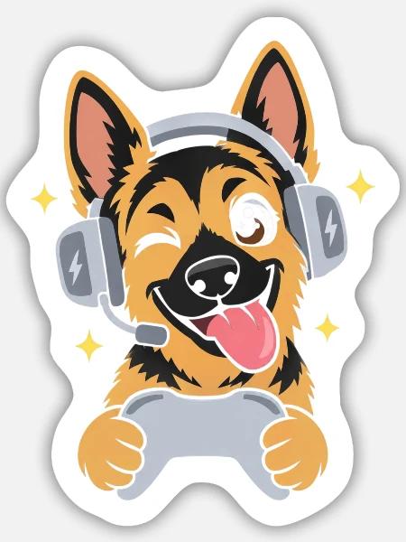Gaming Deutscher Schäferhund mit Headset - Sticker Größe M (15 x 15 cm) - Mattweiß