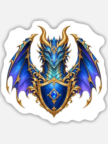 Saphirblauer Drache – Goldenes Wappenschild - Sticker Größe M (15 x 15 cm) - Mattweiß