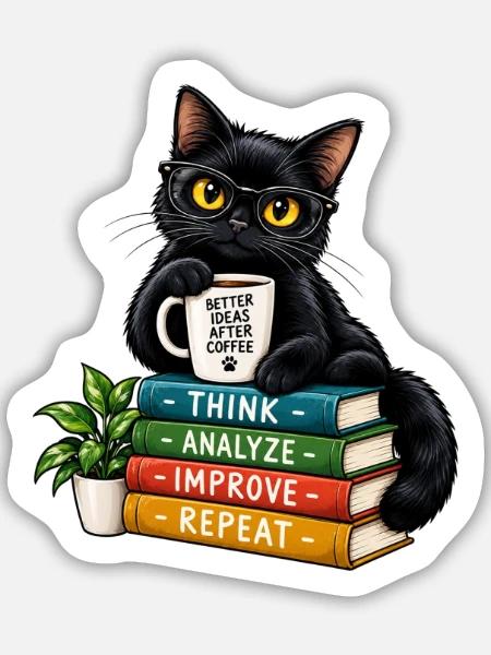 Nerdy Katze mit Kaffee und Büchern - Sticker Größe M (15 x 15 cm) - Mattweiß