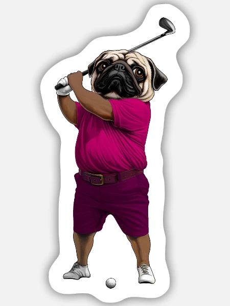 Hund Mops Golf - Sticker Größe M (15 x 15 cm) - Mattweiß