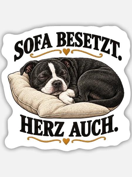 Schlafender_Staffbull__Sofa_besetzt-_Herz_auch- - Sticker Größe M (15 x 15 cm) - Mattweiß