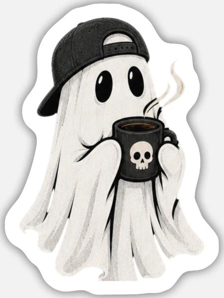 Geisterkaffee Ghost mit Cap - Sticker Größe M (15 x 15 cm) - Mattweiß