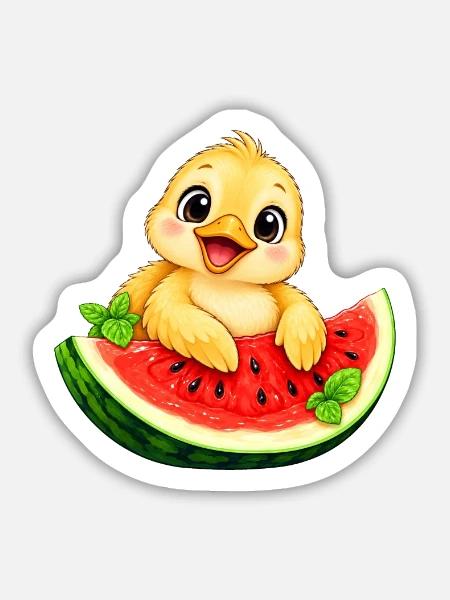 Süßes Küken Cartoon Sommer Melone - Sticker Größe M (15 x 15 cm) - Mattweiß